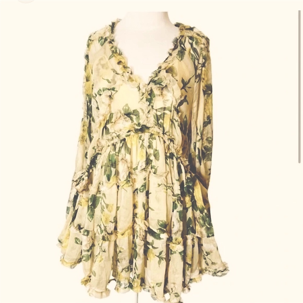 O.P.T Angelique Floral Ruffle Babydoll Boho Long-sleeve Flowy Tunic Mini Dress S